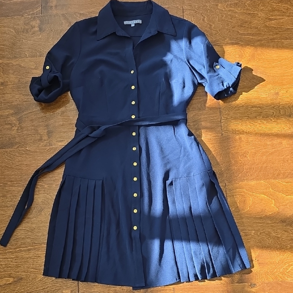 Sharagano Navy Midi Dress with Gold Buttons